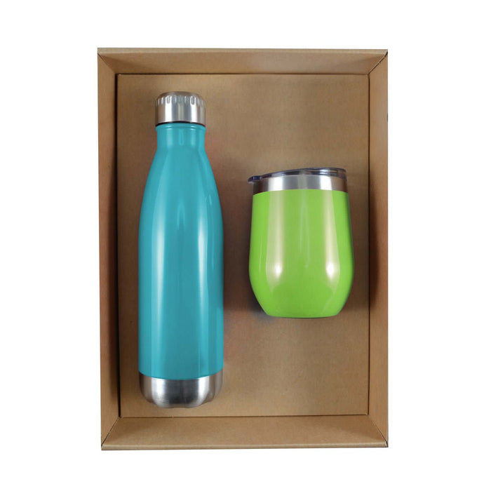 Pura Cardboard Gift Set - A drink bottle in teal and a green cup are displayed in a cardboard gift box. The bottle has a stainless steel bottom.