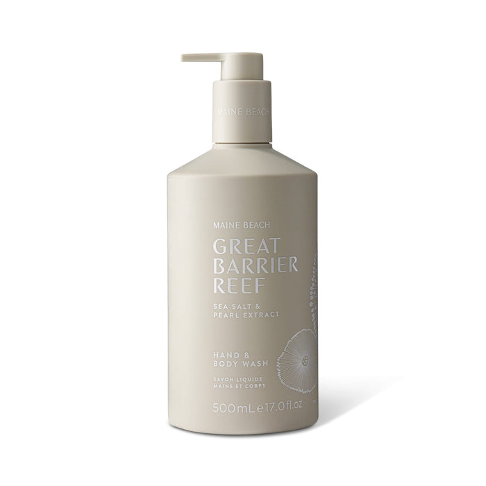 The Coastal Edit - A hand and body wash in a beige pump bottle with a logo, featuring sea salt and pearl extract.