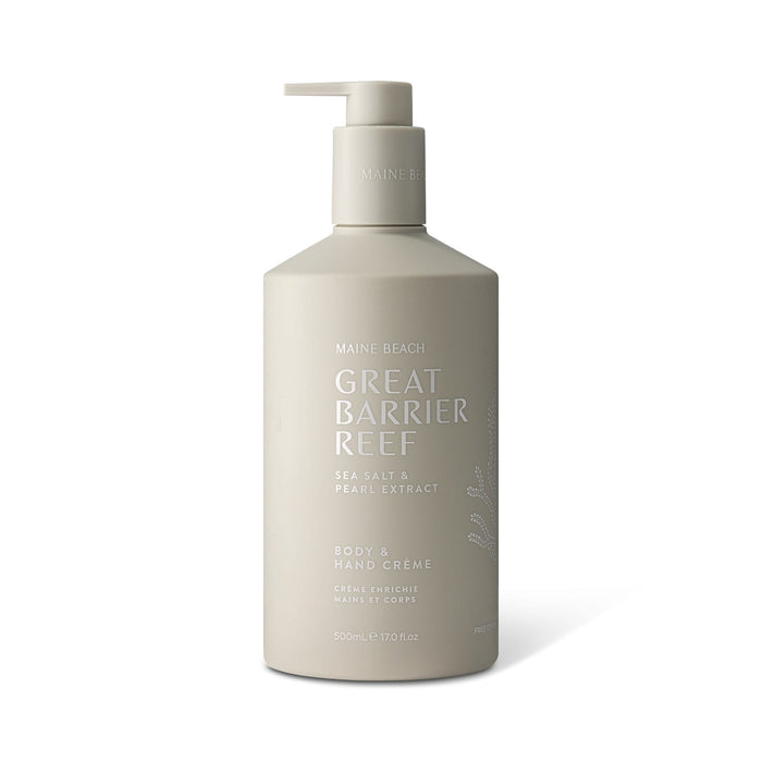 The Pamper & Entertain Edit - A cream bottle in a neutral beige shade with a pump dispenser, featuring a logo and "Great Barrier Reef" branding.