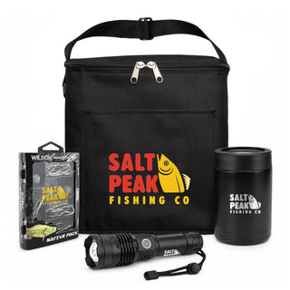 The Gone Fishing Pack - A black tote bag containing a flashlight, a drink bottle, and a fishing accessories pack, featuring branding.