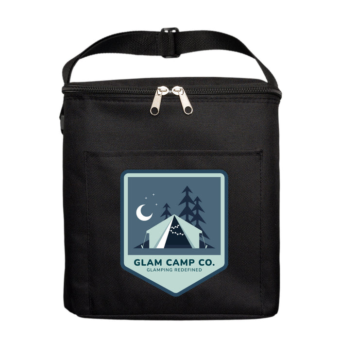 The Gone Fishing Pack - A black insulated cooler bag with a zip closure and a front pocket, featuring a logo of a tent.