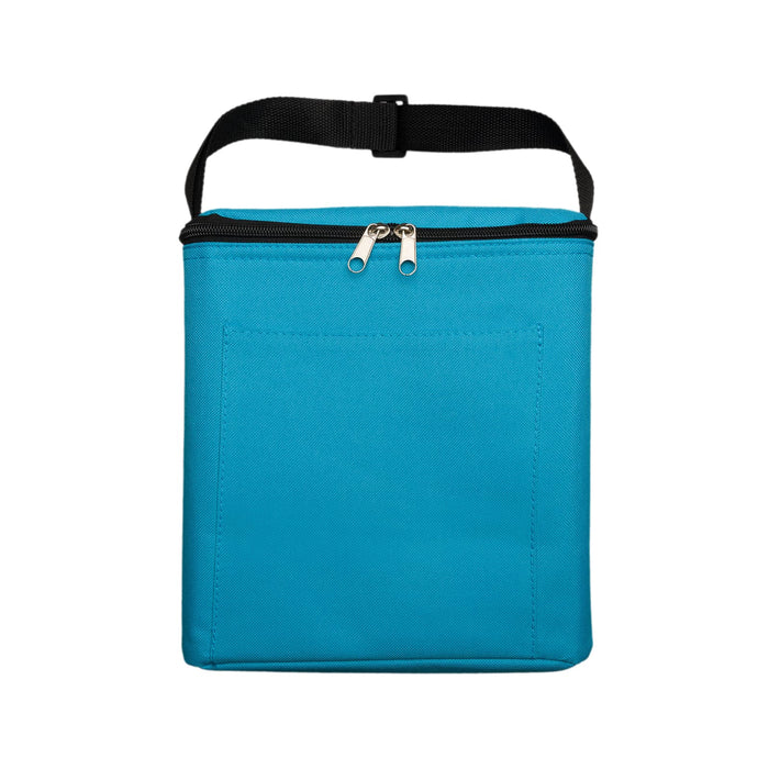 The Gone Fishing Pack - A turquoise insulated cooler bag with a zip closure and a front pocket, featuring a black adjustable strap.