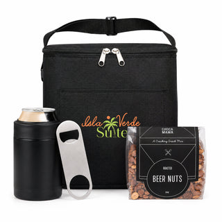 The Knock Off Pack - A black cooler bag with a drink bottle, a bottle opener, and a pack of roasted beer nuts.