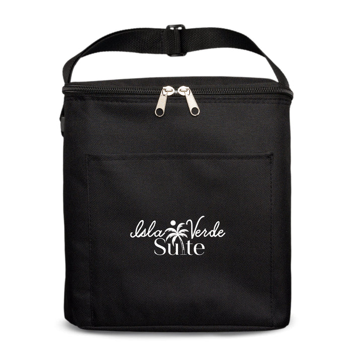 The Knock Off Pack - A black insulated cooler bag with a zip closure and a front pocket, featuring a logo.