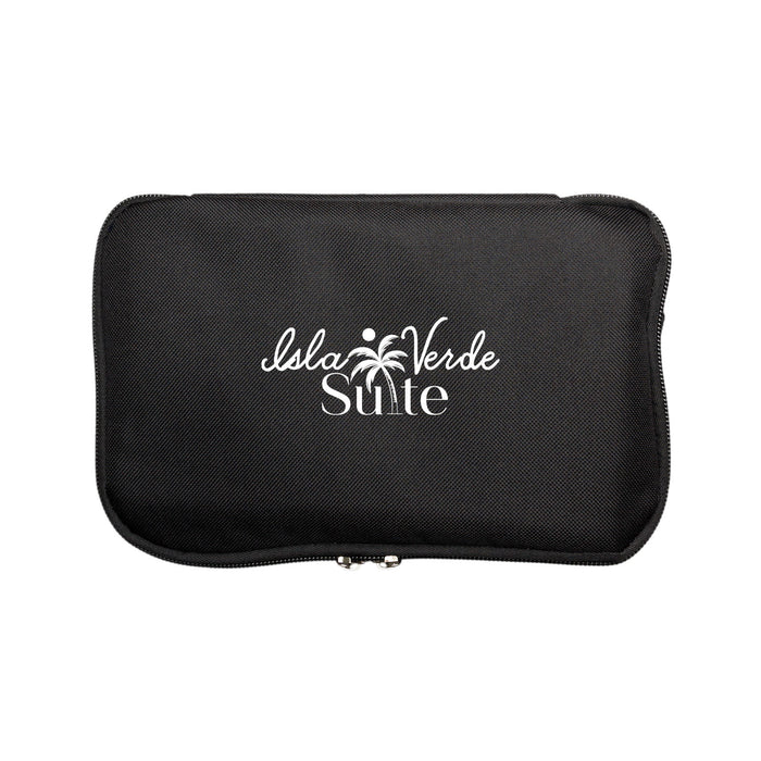 The Knock Off Pack - A black zippered travel pouch featuring a logo with a palm tree design.