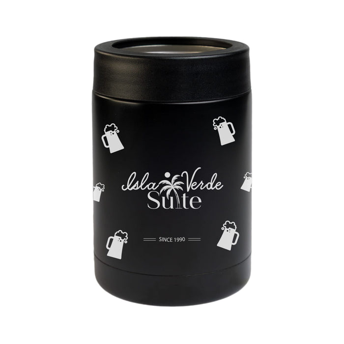 The Knock Off Pack - A black drink bottle with a cylindrical shape featuring a logo and designs of beer mugs.