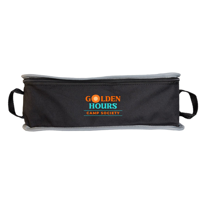 The Escape Pack - A black and grey rectangular storage pack with two handles and a logo on the front.