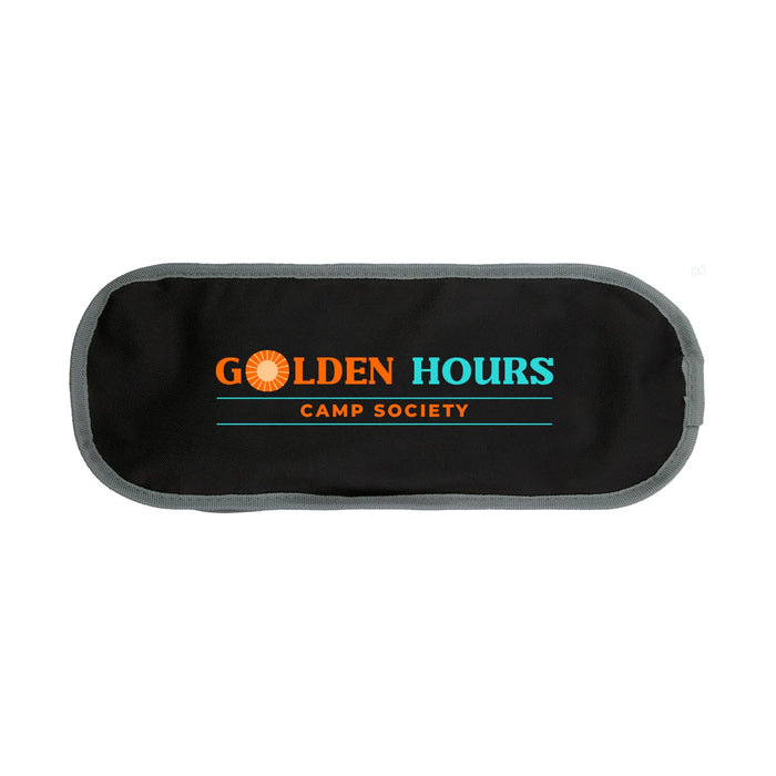The Escape Pack - A black storage pack with a grey trim featuring a logo in orange and turquoise. Suitable for camping use.