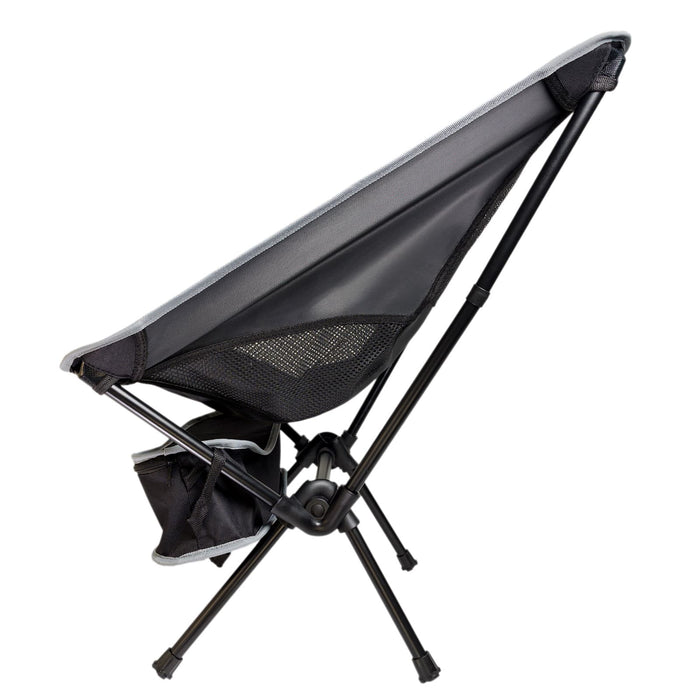 The Escape Pack - A camping chair in grey with a mesh back and a cup holder, featuring a collapsible frame.