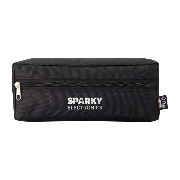Tech Pack Connect - A black pencil case with a zip closure and a logo on the front. Contains a simple rectangular shape.