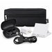 Tech Pack Connect - A black zippered pouch containing wireless earbuds, a charger, a phone stand, and a charging cable.