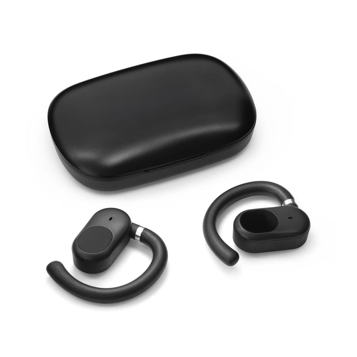 Tech Pack Connect - A pair of black wireless earbuds with a matching charging case. The design features a curved hook for a secure fit.
