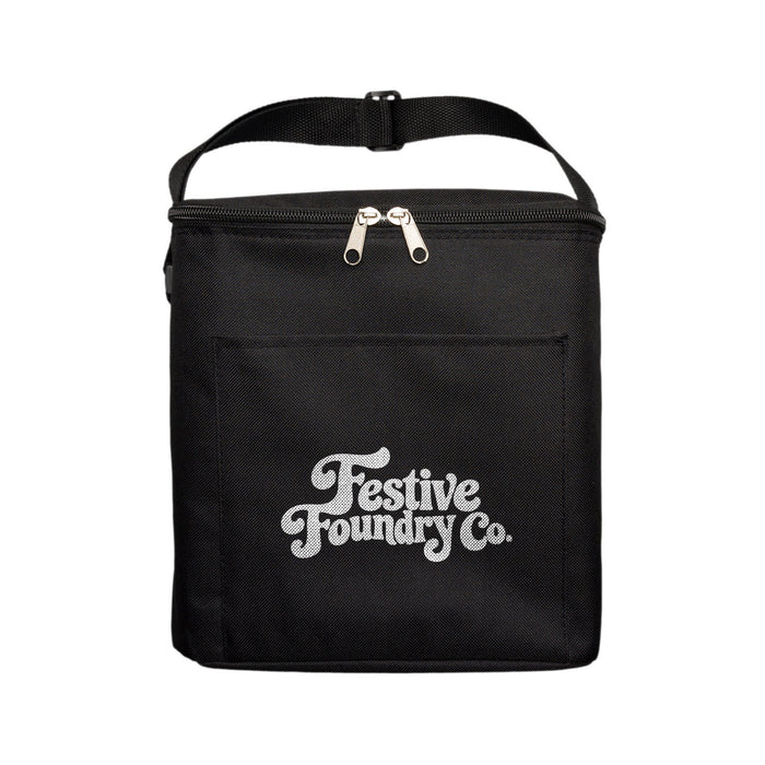 The Knock Off for Christmas Pack - A black insulated cooler bag with a zip closure and a front pocket. Features a logo on the front.