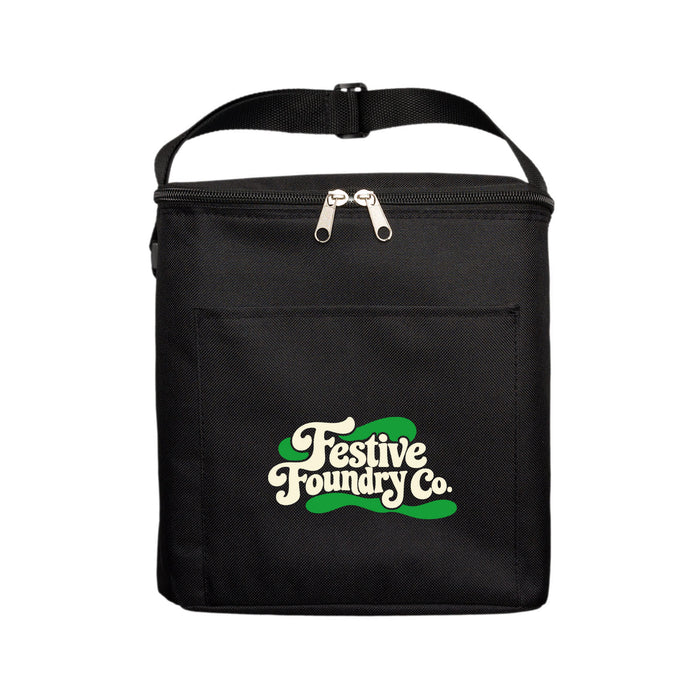 The Knock Off for Christmas Pack - A black insulated cooler bag with a zippered top and a front pocket, featuring a logo.