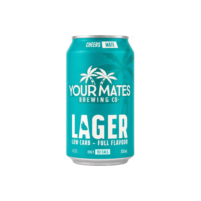 The Knock Off for Christmas Pack - A drink can featuring a turquoise design, labelled as Lager, with a low carb and full flavour description.
