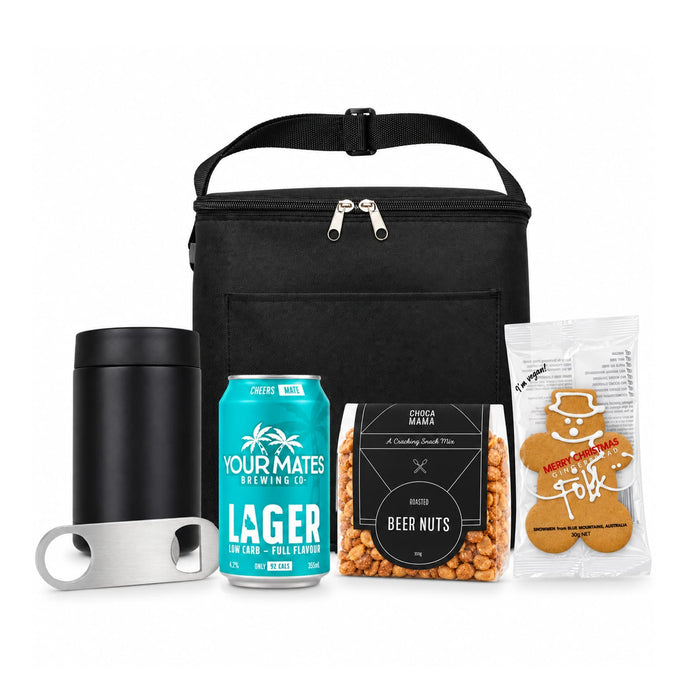 The Knock Off for Christmas Pack - A black cooler bag with a can of lager, beer nuts, a drink bottle, and gingerbread men.