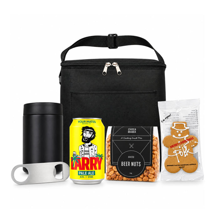 The Knock Off for Christmas Pack - A black cooler bag with a drink bottle, beer can, beer nuts, and gingerbread biscuits. Includes a bottle opener.
