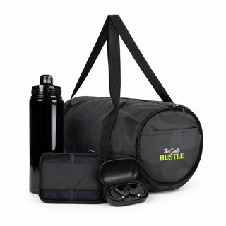 The Hustle Pack - A black duffel bag with a drink bottle, a small case, and wireless earbuds, featuring a logo.