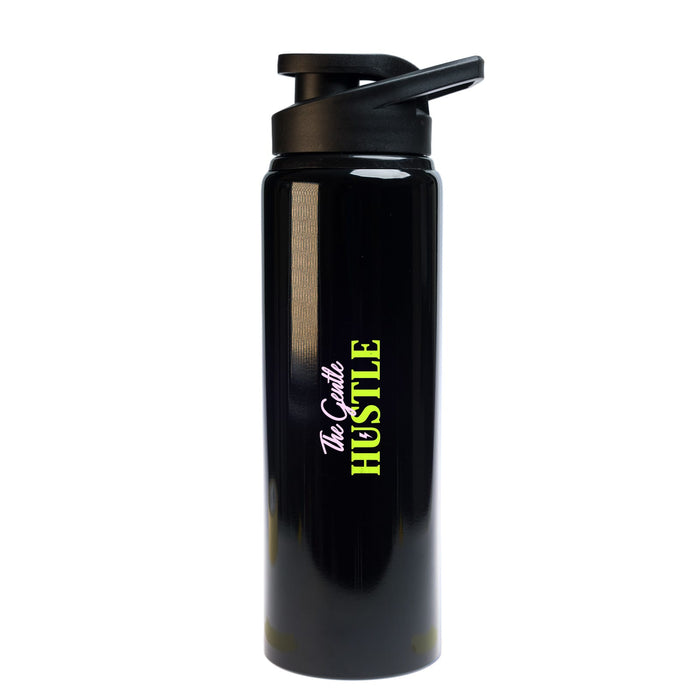 The Hustle Pack - A black drink bottle with a black lid and a logo. The bottle features bold green and white lettering.