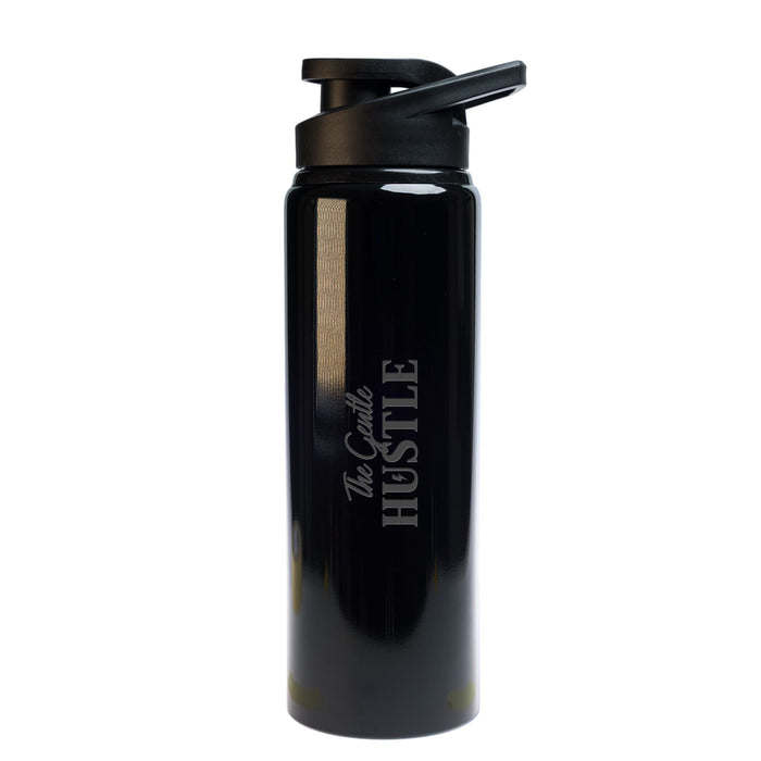 The Hustle Pack - A black drink bottle with a flip-top lid, featuring a logo and the word "HUSTLE".