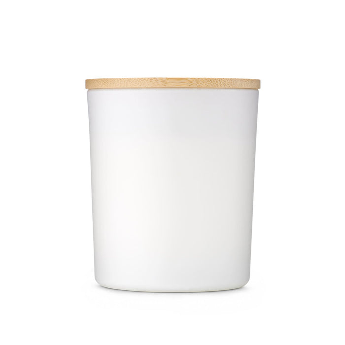 The Glow & Graze: Christmas Edition - A white ceramic container with a bamboo lid, featuring a minimalist design and a logo on the side.