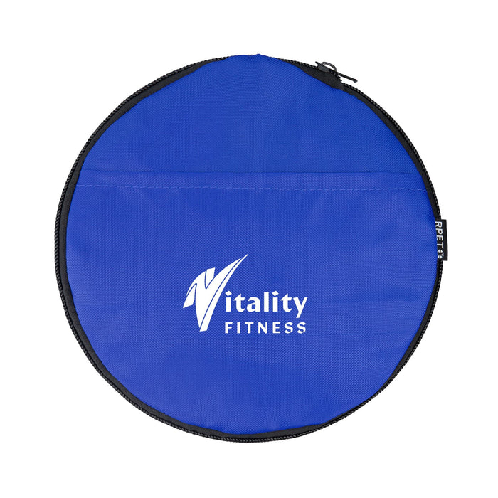 The Game Day Pack - A round blue bag featuring a logo, with a zippered closure for storage or transport.