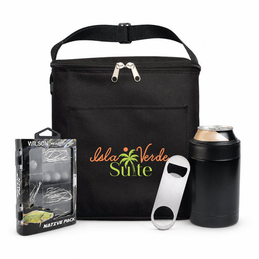 The Reel Deal - A black cooler bag with a logo, a can, a bottle opener, and a fishing tackle pack.