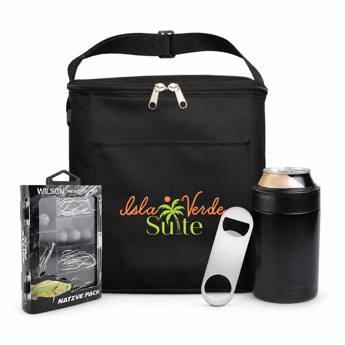 The Reel Deal - A black cooler bag with a logo, a can, a bottle opener, and a fishing tackle pack.
