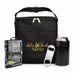 The Reel Deal - A black cooler bag with a logo, a can, a bottle opener, and a fishing tackle pack.