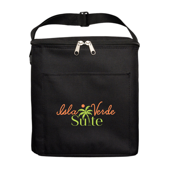 The Reel Deal - A black cooler bag with a zippered top and a front pocket, featuring a logo with palm trees and text.