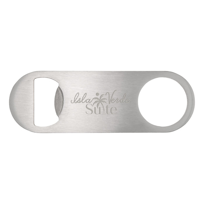 The Reel Deal - A stainless steel bottle opener with a rounded end and a circular cut-out, featuring a logo.