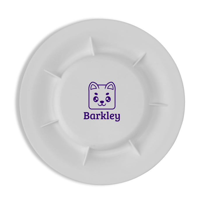 The Walkies Pack - A white pet dish featuring a cartoon dog design and a logo in purple.