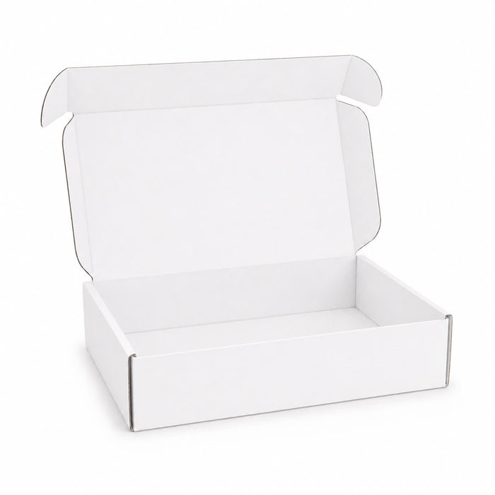 Custom Box with Locking Lid 300 x 210 x 70mm - A white custom box with a locking lid, dimensions 300 x 210 x 70mm, featuring an open top and no internal graphics.