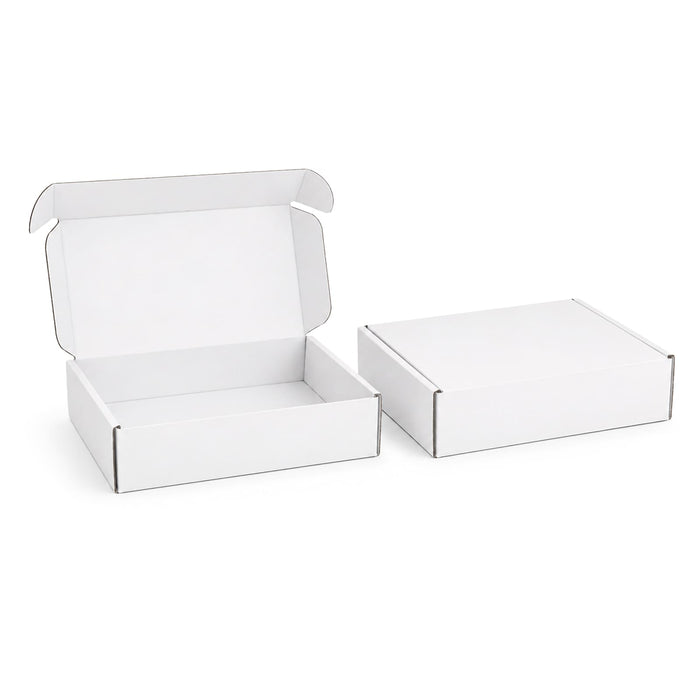 Custom Box with Locking Lid 300 x 210 x 70mm - A white custom box with a locking lid, featuring one open and one closed box.