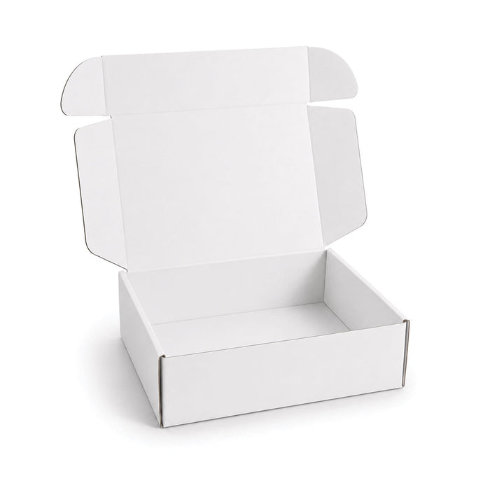 Custom Box with Locking Lid 360 x 305 x 105mm - A white cardboard box with a locking lid, measuring 360 x 305 x 105mm, with an open top and flaps.