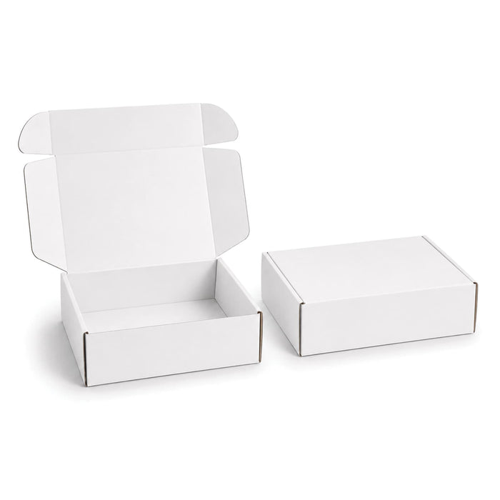 Custom Box with Locking Lid 360 x 305 x 105mm - A white custom box with a locking lid, featuring an open and closed version.