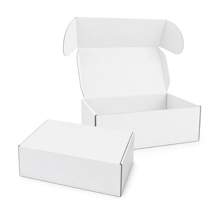 Custom Box with Locking Lid 410 x 255 x 150mm - A white custom box with a locking lid, featuring an open lid and a smaller box beside it.