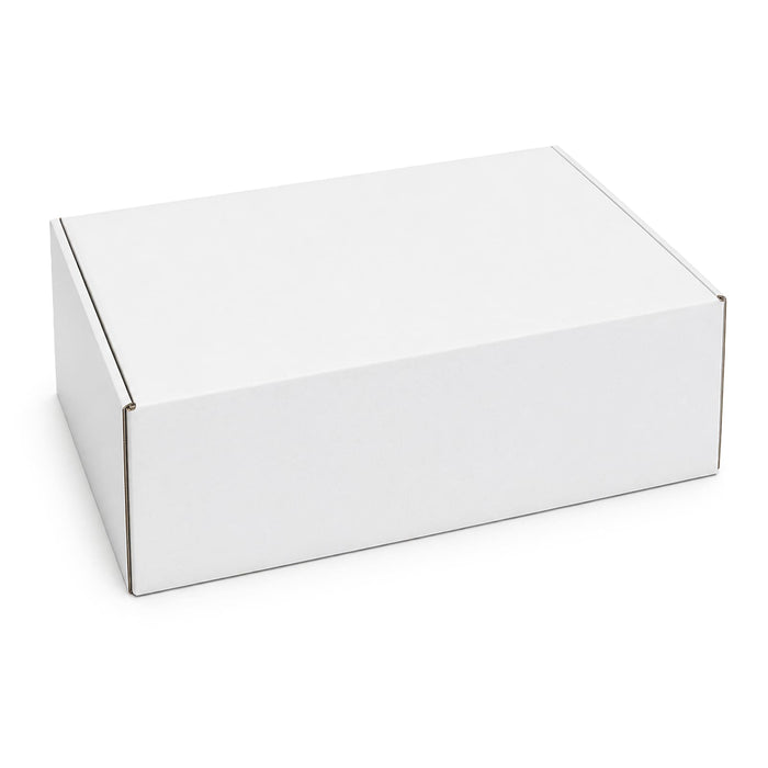 Custom Box with Locking Lid 410 x 255 x 150mm - A white box with a locking lid, measuring 410 x 255 x 150mm, featuring a simple design and a logo.