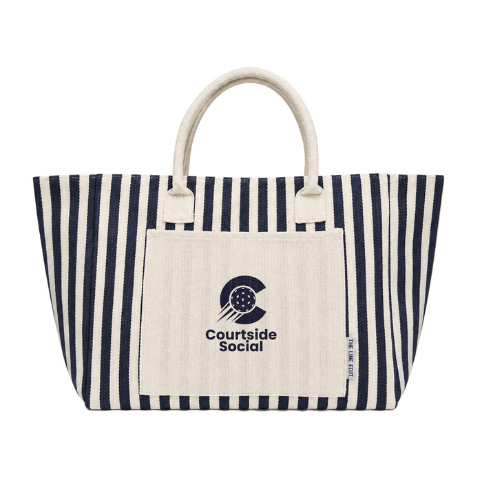 The Play & Graze - A striped tote bag in navy blue and cream featuring a logo on the front and sturdy handles.