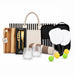 The Play & Graze - A picnic set featuring a striped tote, glasses, a wooden board, utensils, a blanket, and paddle games with balls.