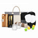 The Play & Graze - A tote bag with navy stripes, a cheese knife set, glass tumblers, paddles, and colourful balls.