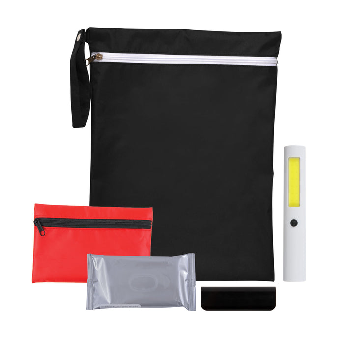 On-the-Go Emergency Pack - A black pouch containing a flashlight, a red pouch, a silver packet, and a black object.