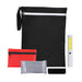 On-the-Go Emergency Pack - A black pouch containing a flashlight, a red pouch, a silver packet, and a black object.