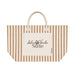 The Sun & Sip Gift Set - A striped tote bag in beige and brown with a central cream panel and a logo on it. Handles for easy carrying.