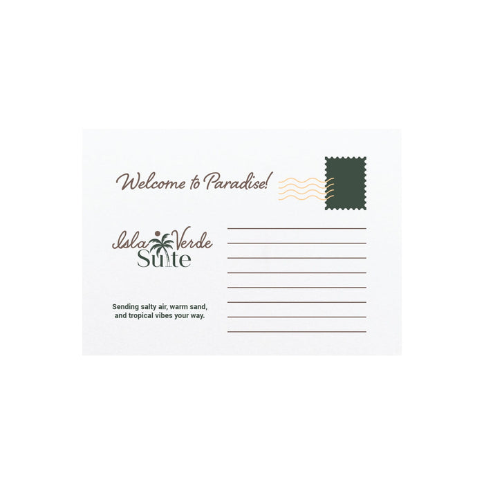 The Sun & Sip Gift Set - A postcard featuring a palm tree design, with a green and white colour scheme and a space for writing.