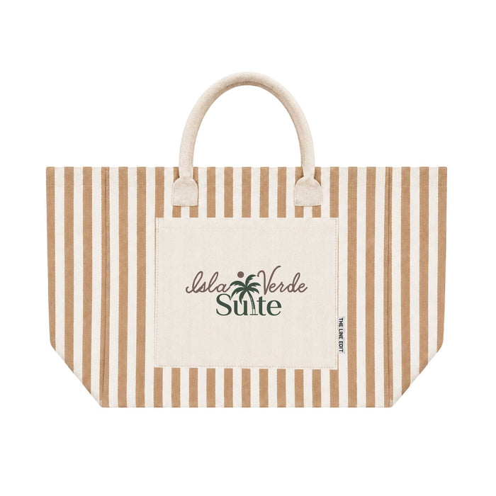 The Sun & Sip Gift Set - A tan and cream striped tote bag features a front pocket and handles, with a subtle logo displayed.