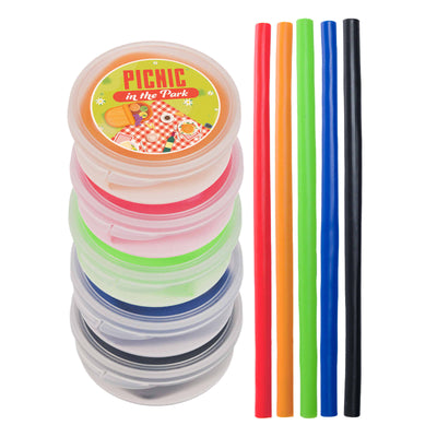 Silicone Straw in Case - A stack of colorful silicone straws in a case with a lid, featuring six straws in green, red, blue, black, and orange.
