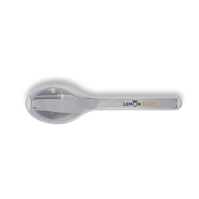 Juniper Cutlery Set - A stainless steel serving spoon with a rounded end and a clear handle, featuring a logo on the handle.