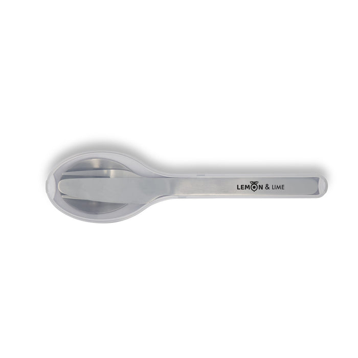 Juniper Cutlery Set - A silver spoon with a smooth, rounded head, featuring a logo and a sleek, modern design.