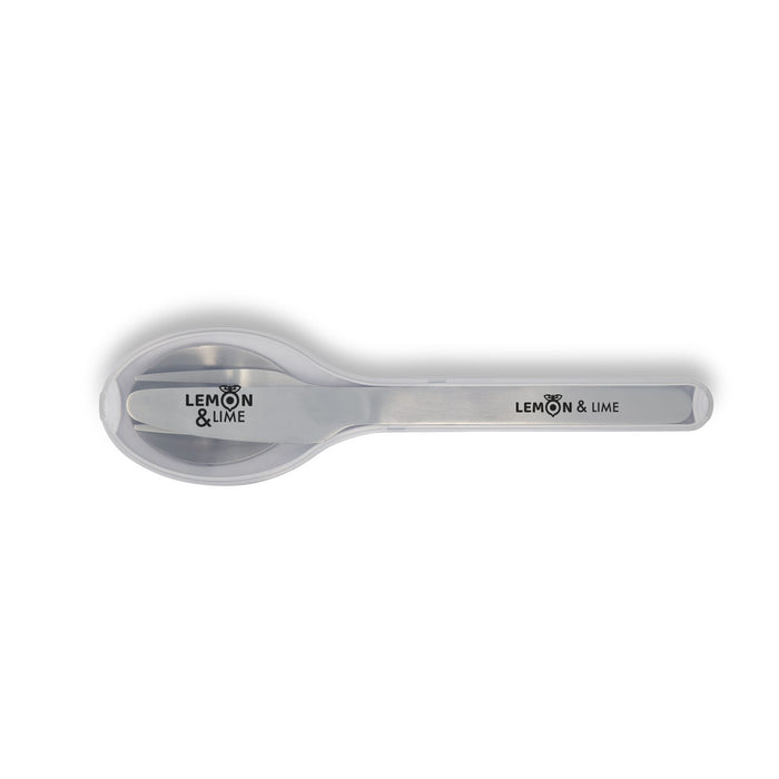 Juniper Cutlery Set - A stainless steel spoon with a clear handle, featuring a logo. Part of the Juniper Cutlery Set.